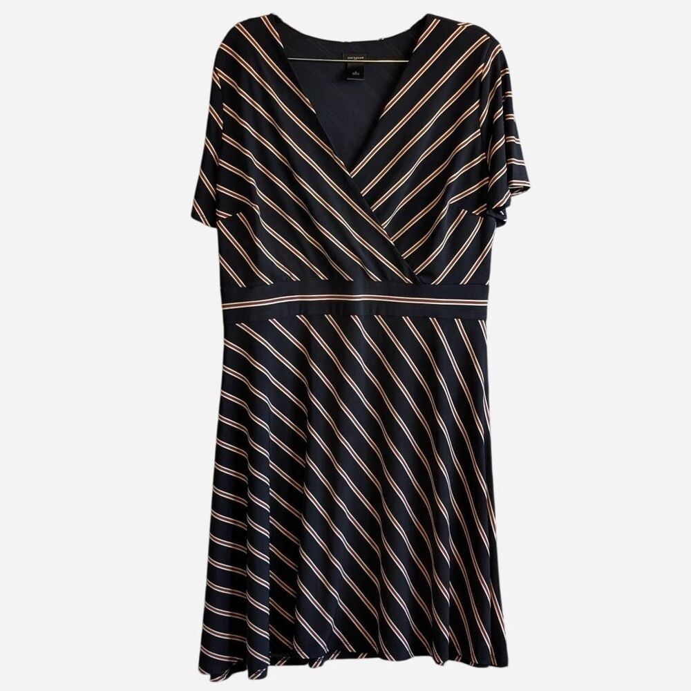 Ann Taylor Women's Size Large Navy V-Neck Red White Striped Midi Wrap Dress